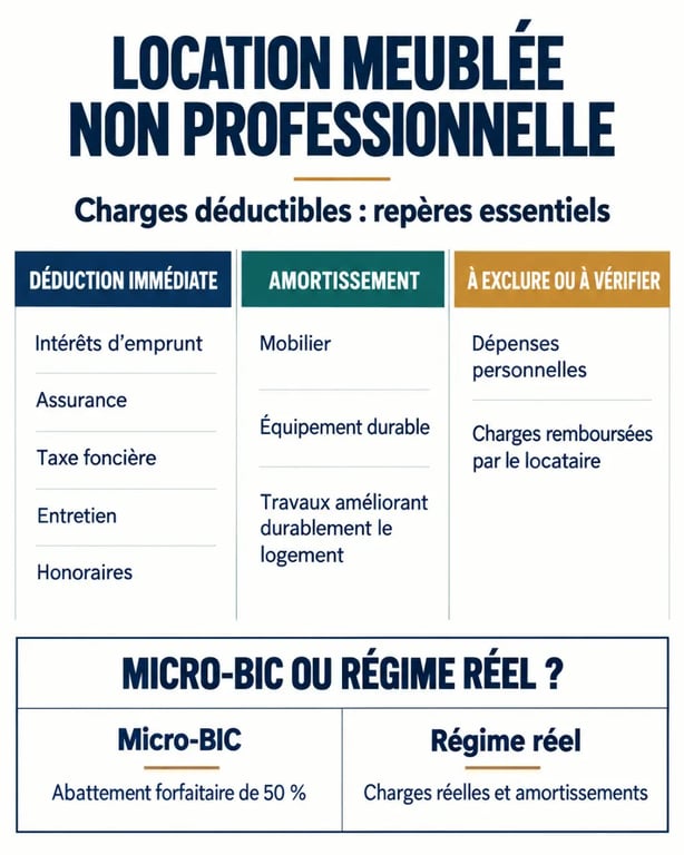 Infographie sur les charges déductibles en location meublée non professionnelle et la différence entre déduction immédiate et amortissement