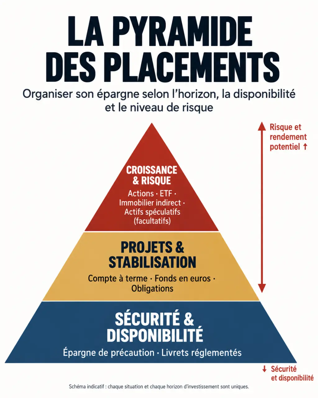Pyramide des placements présentant les niveaux de sécurité, de diversification et de risque