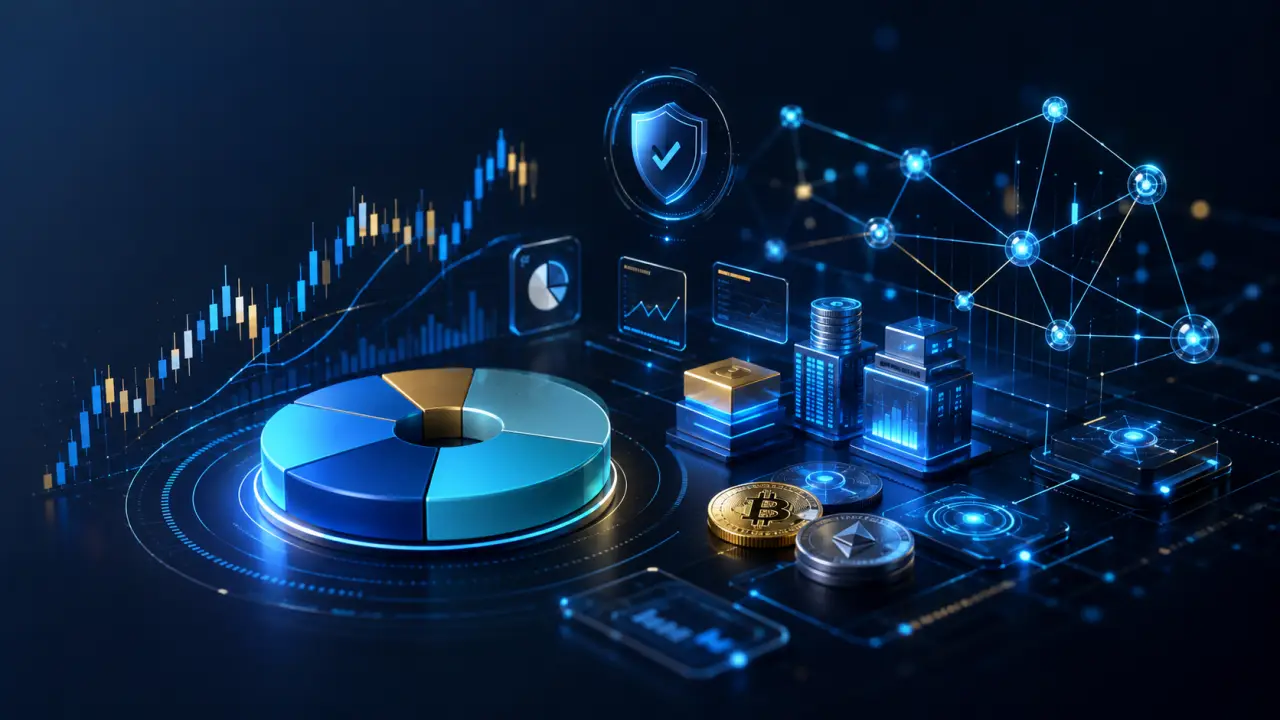 Illustration 3D d'un portefeuille financier holographique avec actions, ETF et crypto