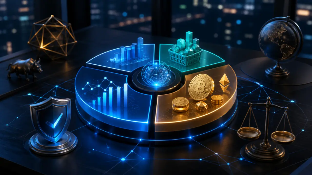 Illustration 3D d’un portefeuille ETF-crypto sur fond bleu nuit