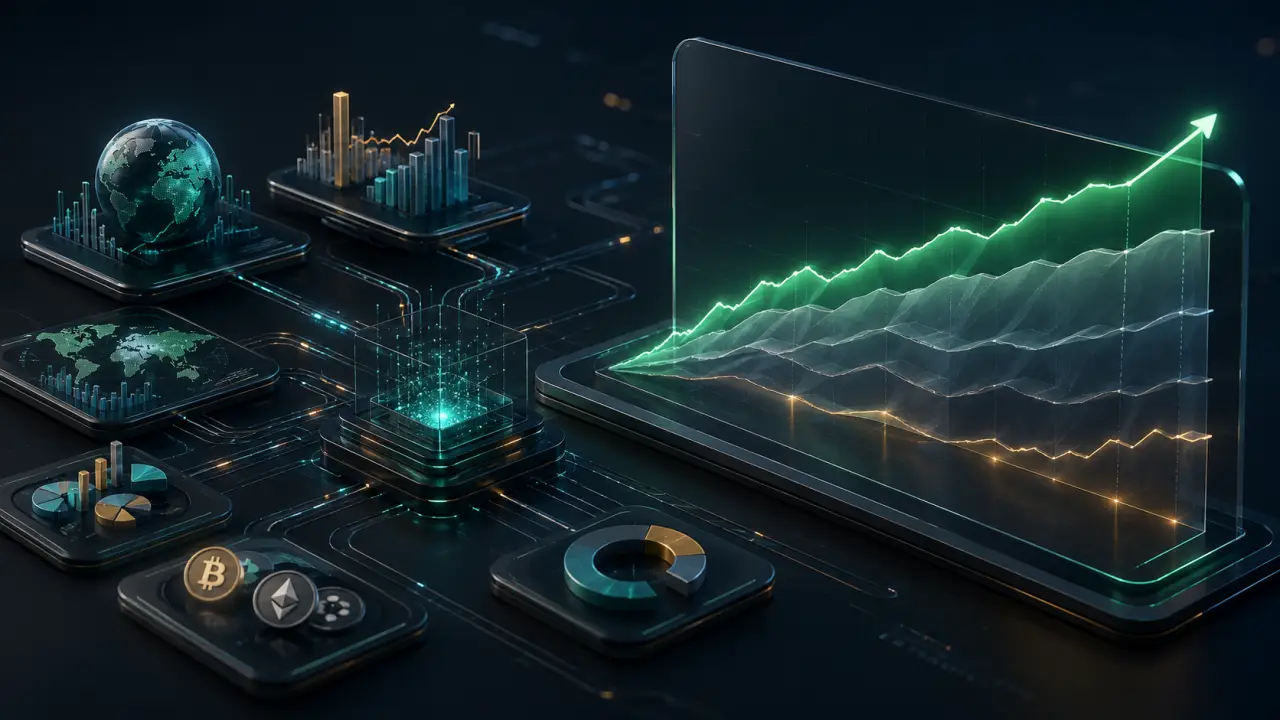 Graphique financier holographique illustrant le calcul du rendement net d’un portefeuille piloté