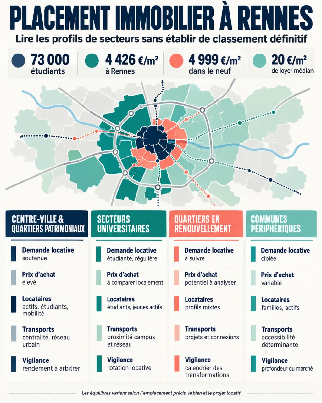 Infographie sur le placement immobilier à Rennes, les quartiers, les prix et la demande locative