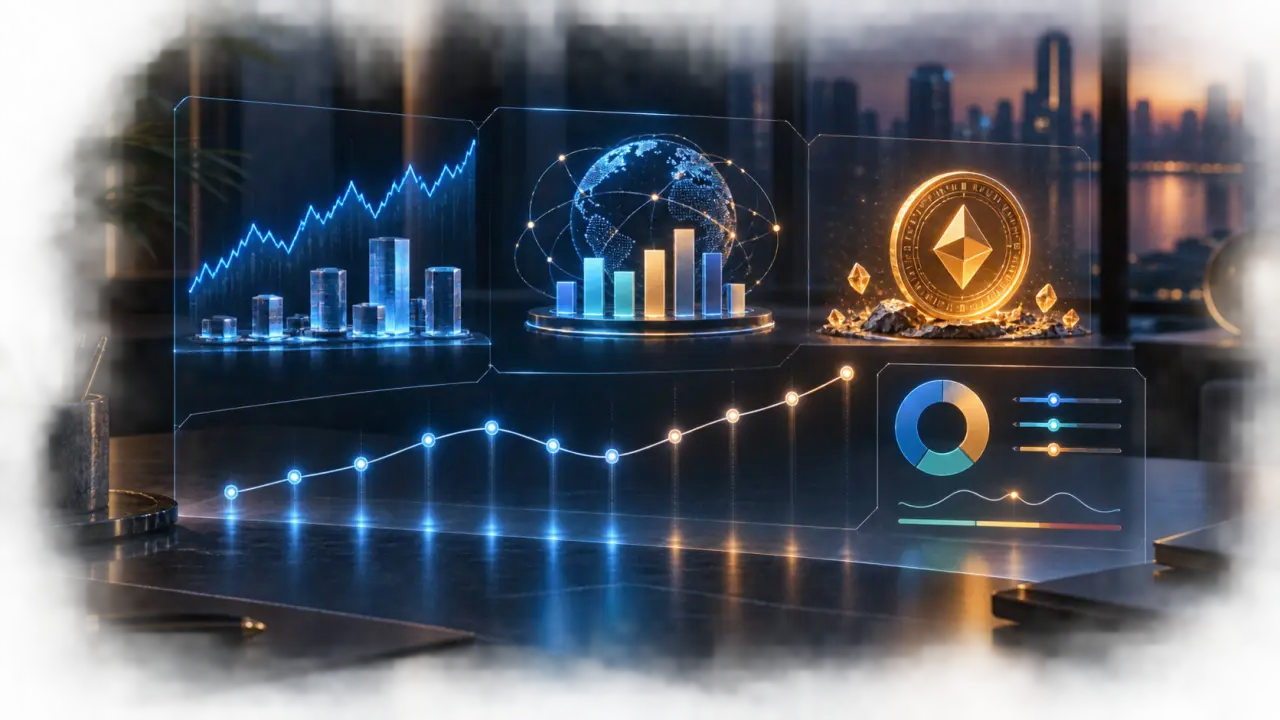 Graphique financier holographique illustrant un portefeuille composé d'actions, d'ETF et de cryptomonnaies