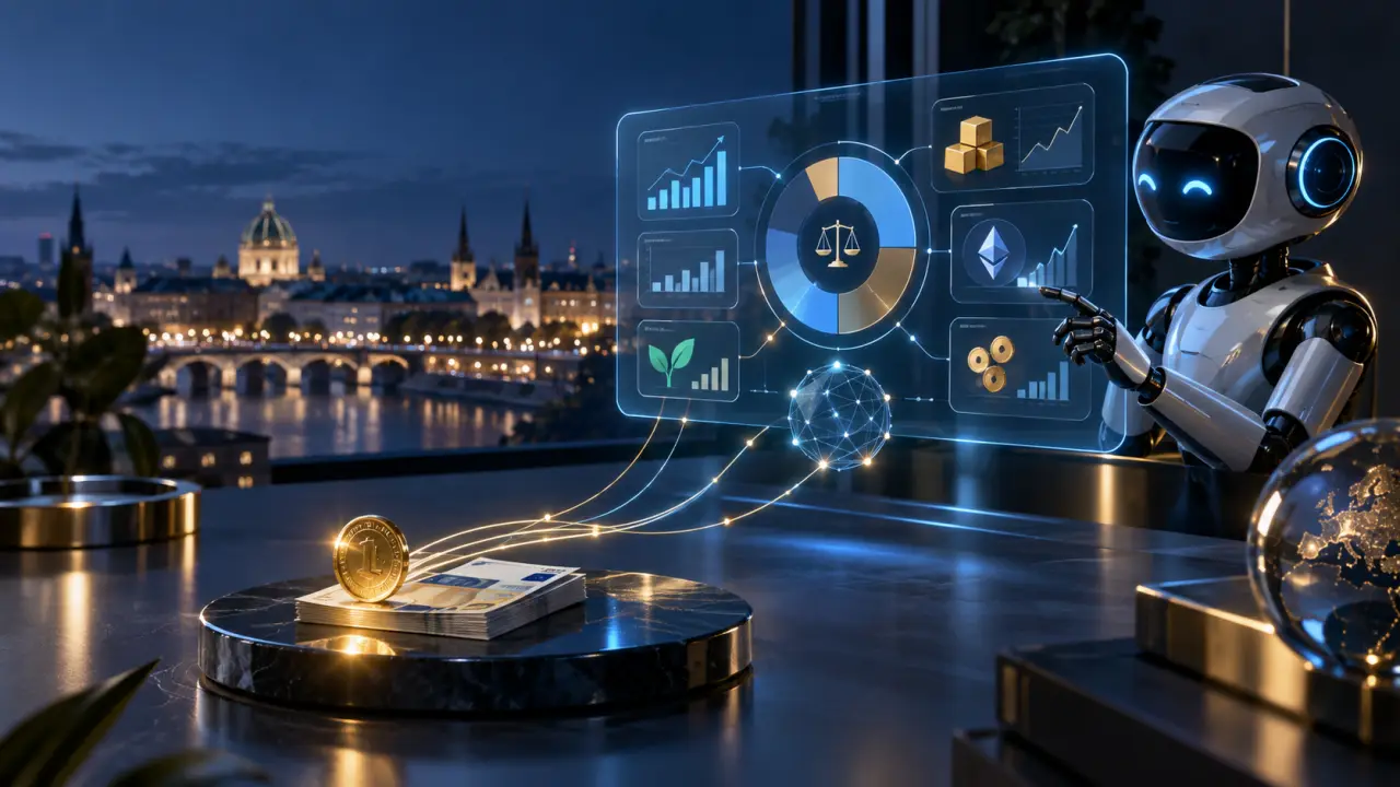 Graphique financier holographique et pièces illustrant l’investissement automatisé