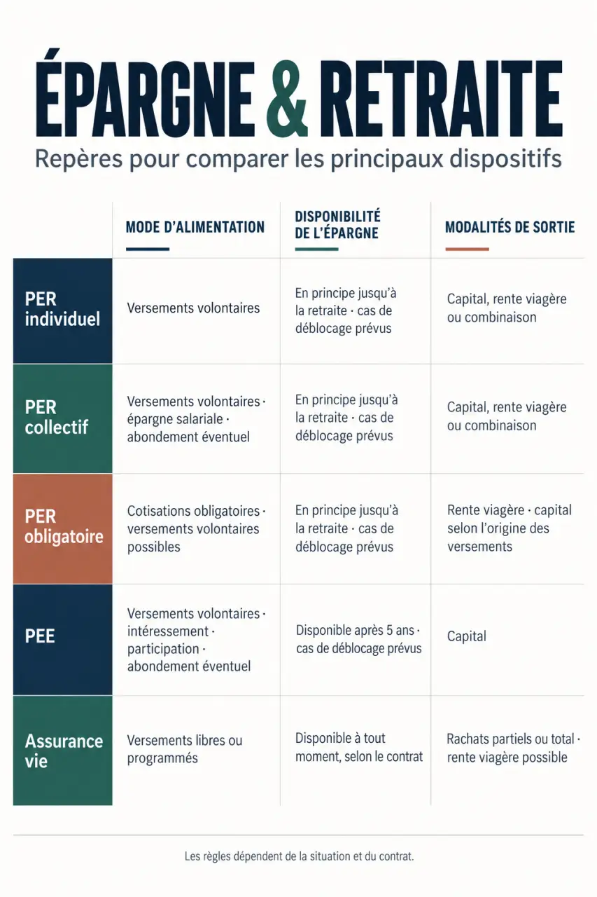 Infographie comparative sur l’épargne et la retraite : PER, PEE et assurance vie selon disponibilité et sortie