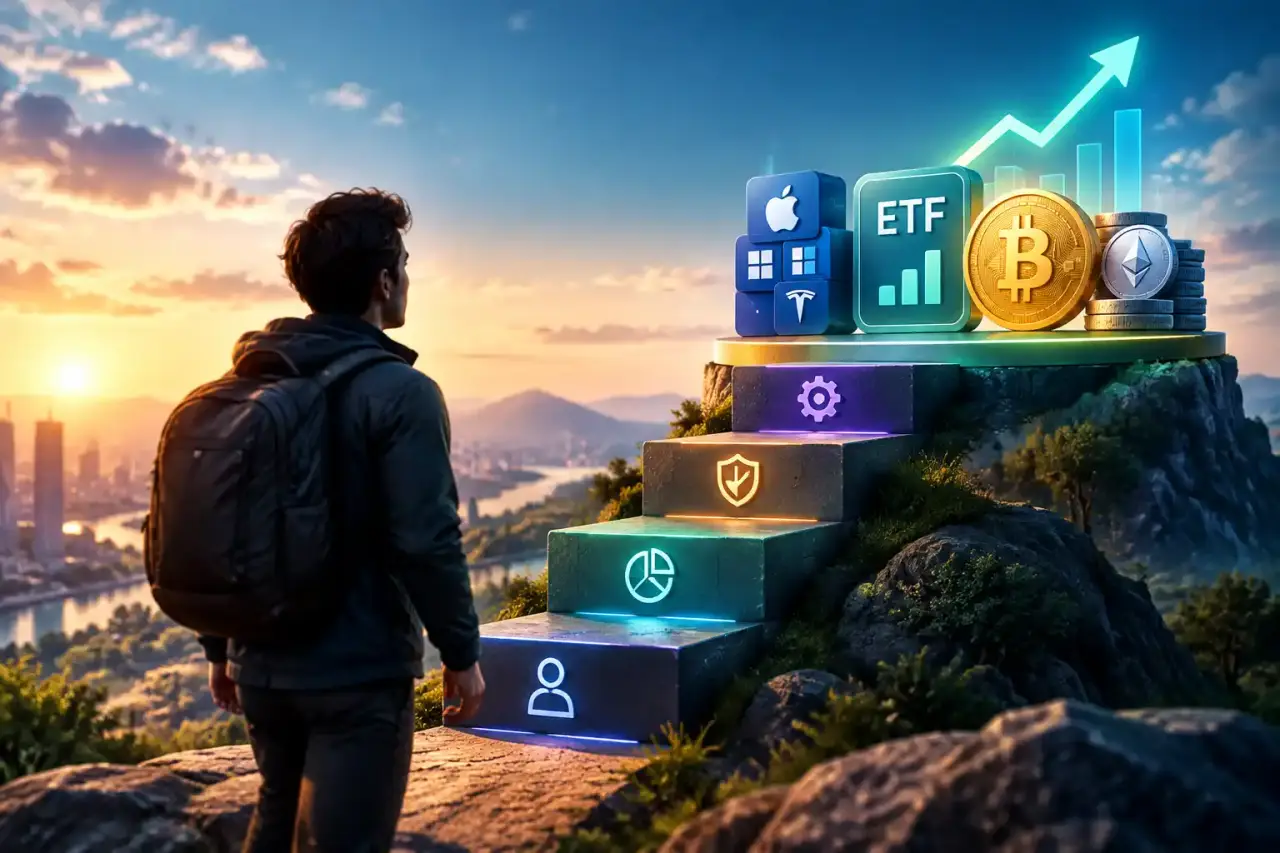 Graphique financier futuriste illustrant une allocation entre actions, ETF et cryptomonnaies