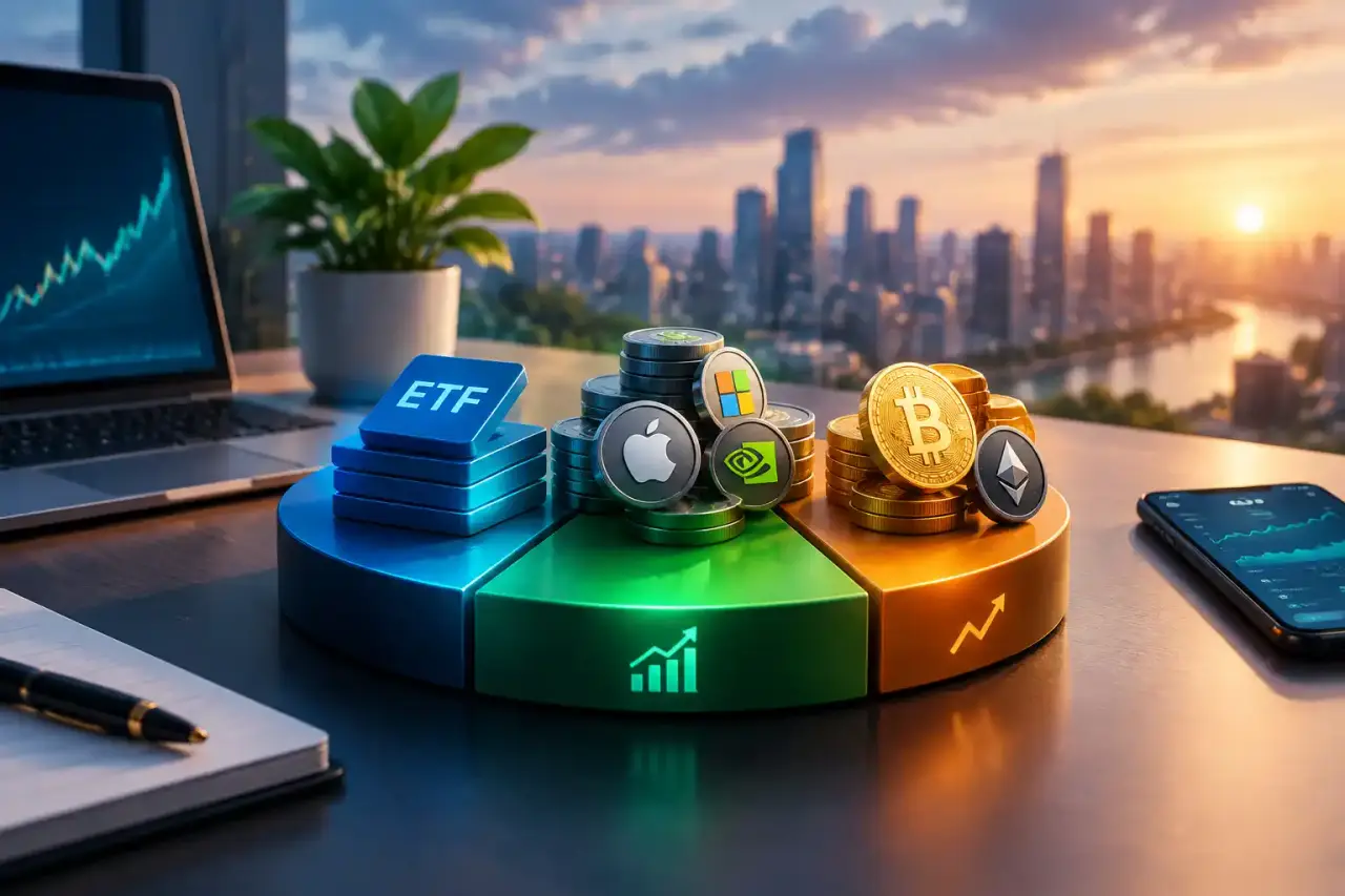 Répartition illustrative de 10 000 euros entre ETF, actions et cryptomonnaies