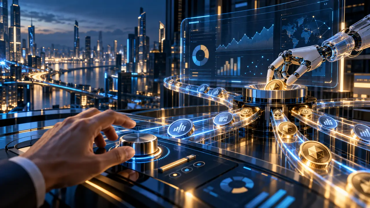 Interface futuriste illustrant une gestion pilotée d'ETF et de cryptomonnaies