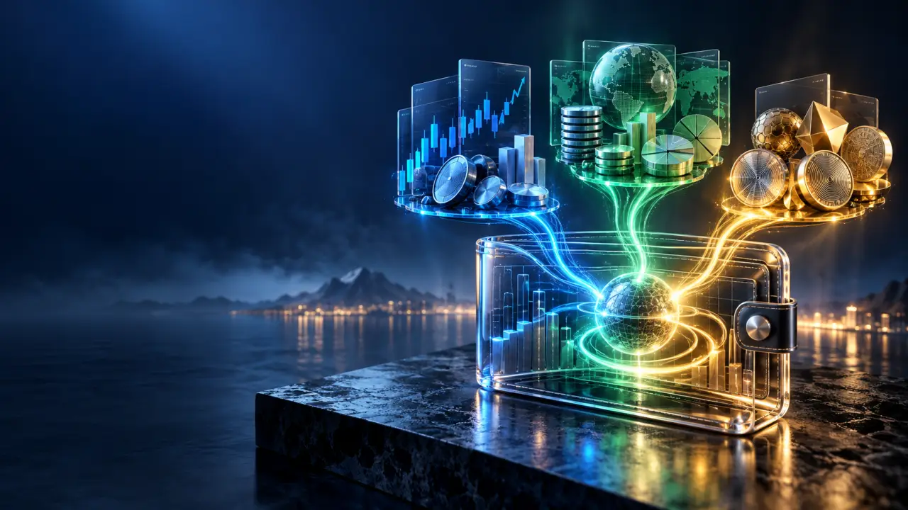 Graphique financier futuriste représentant un portefeuille composé d'ETF, d'actions et de cryptomonnaies