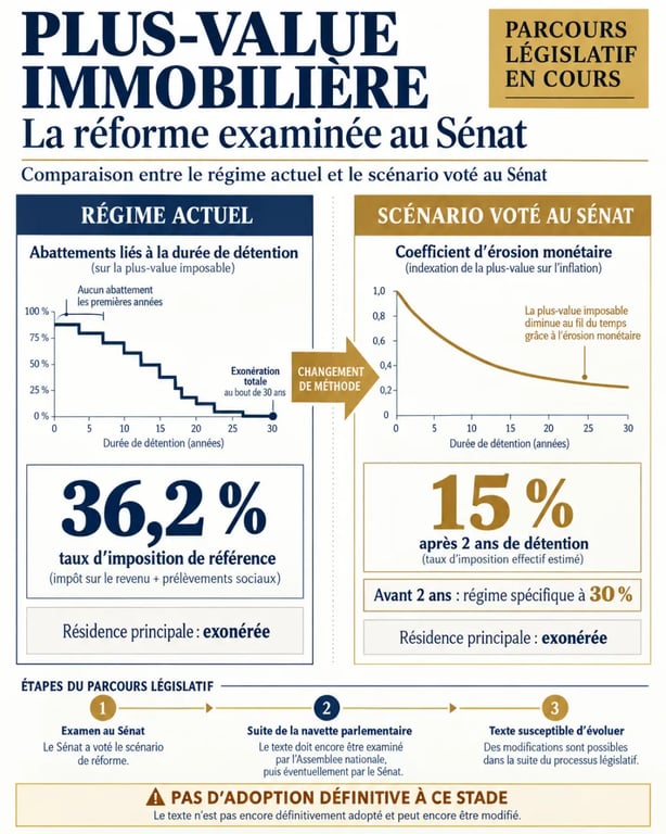 Réforme plus value immobilière Sénat : comparaison entre régime actuel et scénario proposé