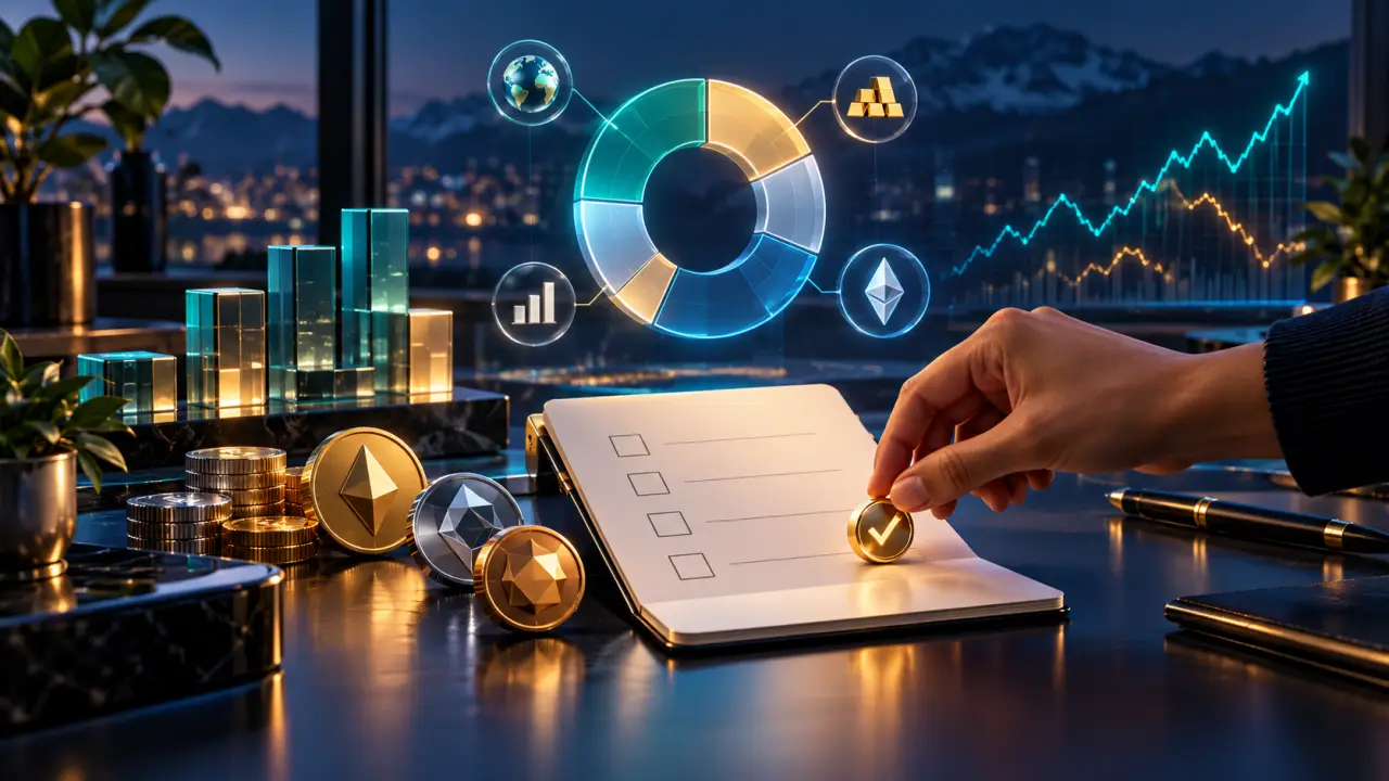 Graphique financier futuriste représentant un portefeuille diversifié d’ETF et de cryptomonnaies