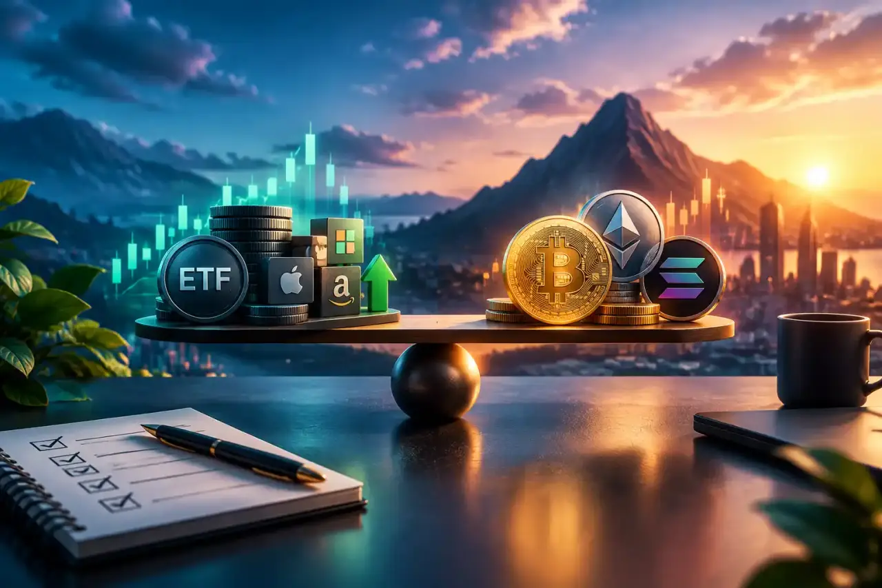 Graphique financier holographique illustrant l'équilibre entre ETF et cryptomonnaies
