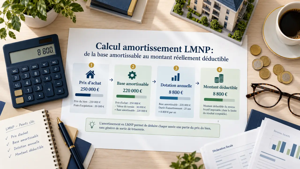 Calcul amortissement LMNP : de la base amortissable au montant réellement déductible
