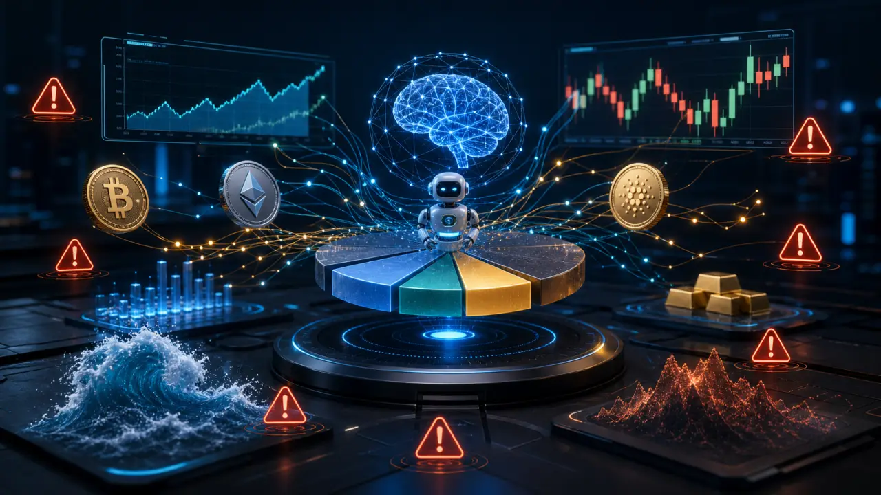 Illustration 3D d'un portefeuille financier piloté, avec ETF et cryptomonnaies sur fond néon